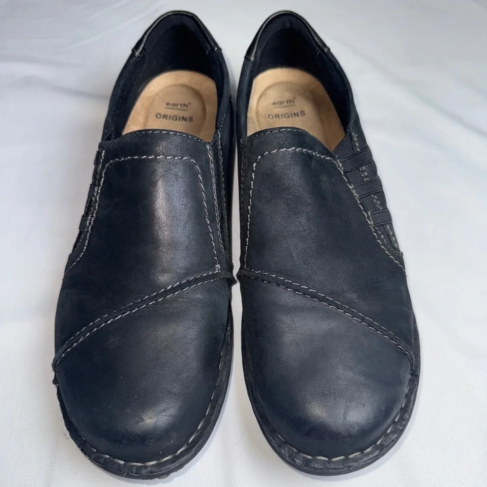 Earth Origins Tamara Teri Black Leather Slip On Loafers Women 10W Wide Comfort
